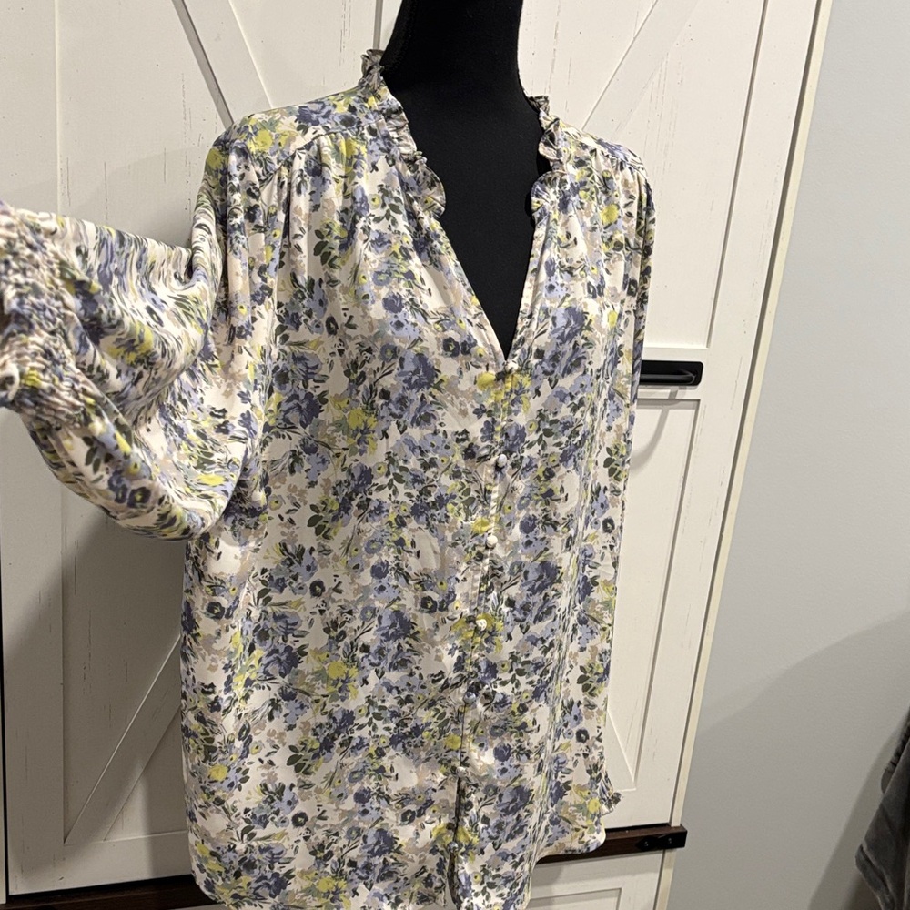 Maurices Floral Blouse in Cream, Blue, and Yellow - Picture 2 of 8